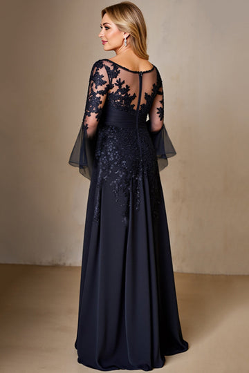 Navy Chiffon A Line Long Sleeves Mother of the Bride Dress with Lace Appliques